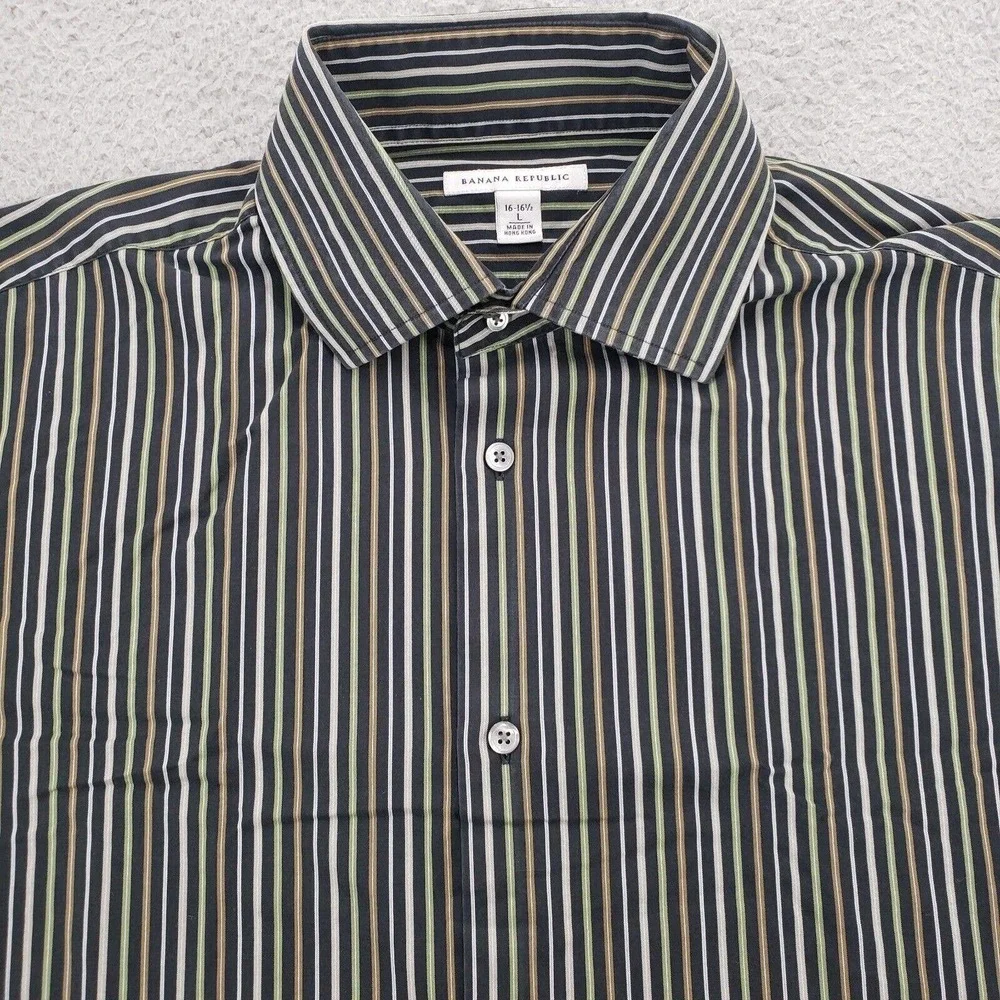 Banana Republic Shirt Mens Large 16 16.5 Black Sriped‎ Classiccore Button Up